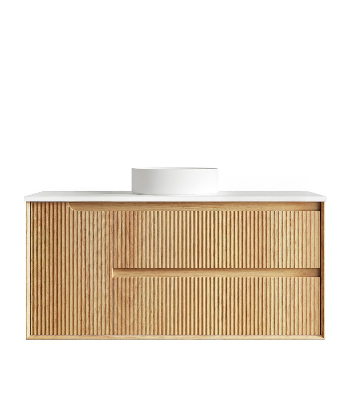 Byron Fluted 1200mm Woodland Oak Wall Hung Vanity - finish and profile close-up