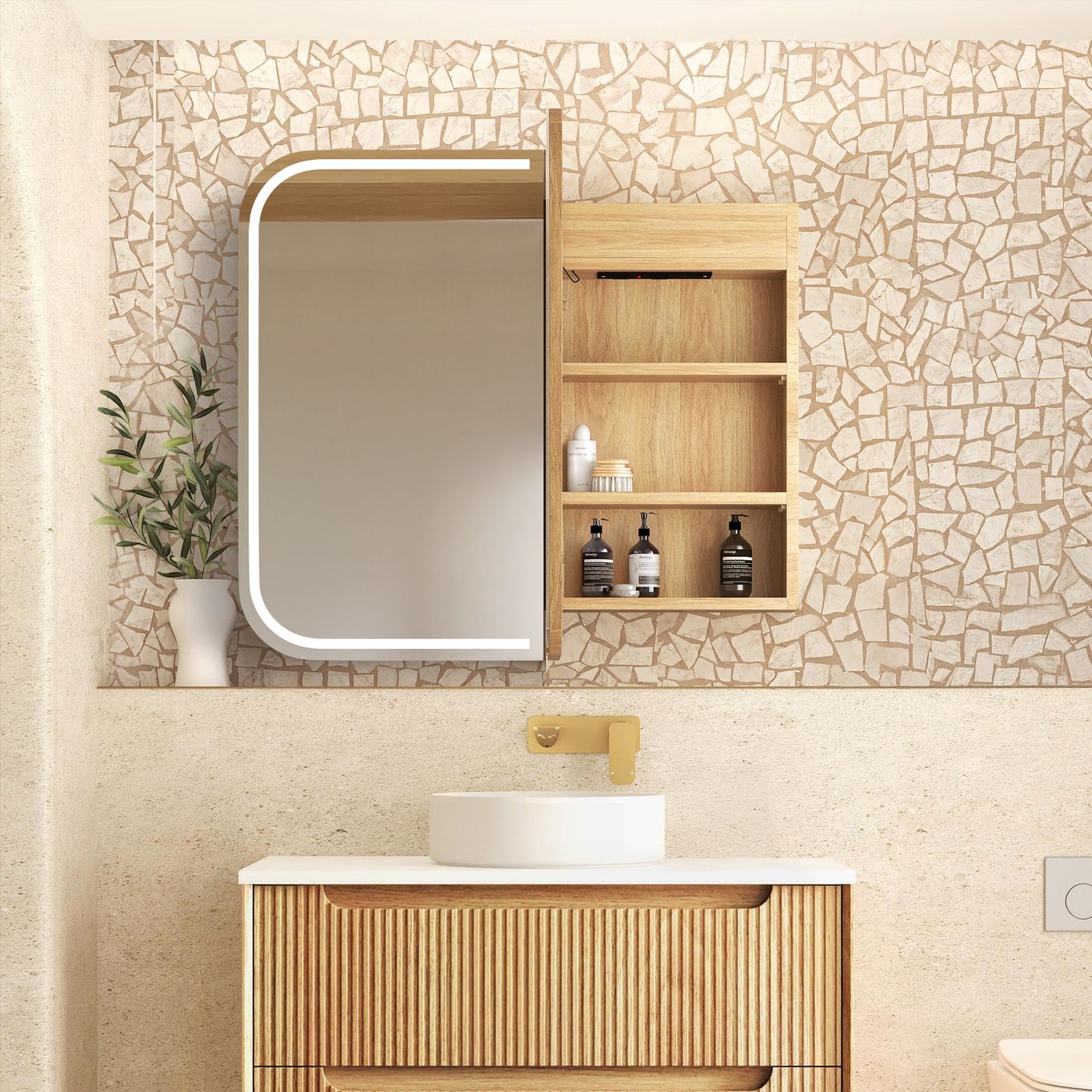 LED Newport 900(W)x750(H) Natural Oak Shaving Cabinet - Premium Edition