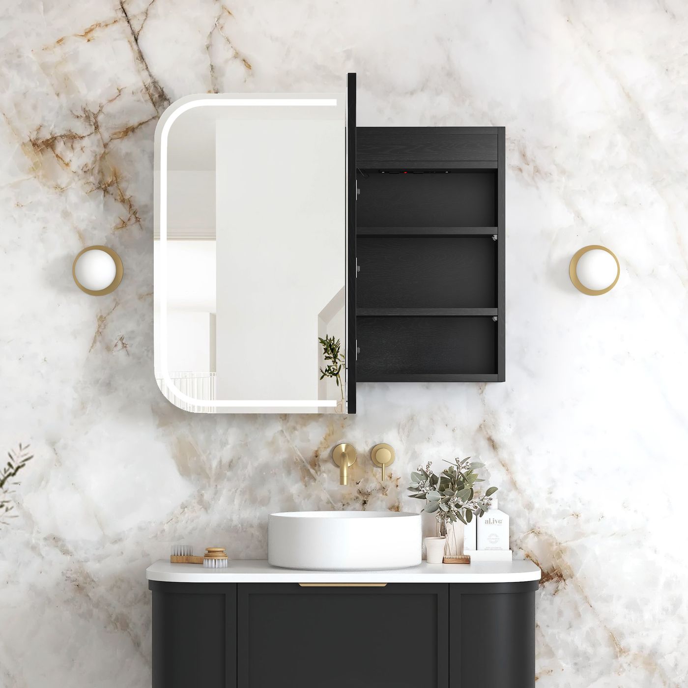 LED Newport 900(W)x750(H) Black Oak Shaving Cabinet - Premium Edition