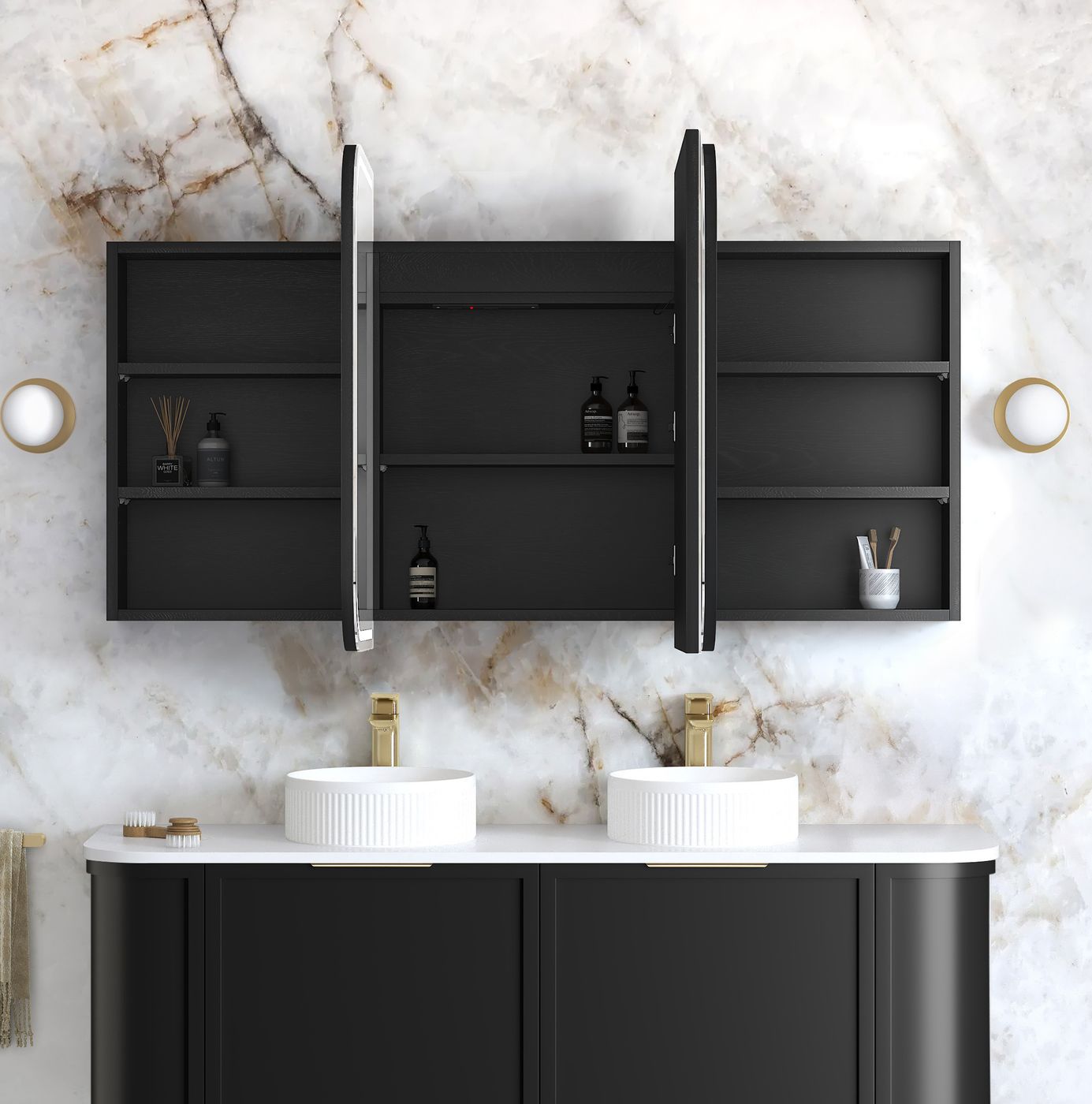 LED Newport 1500(W)x750(H) Black Oak Shaving Cabinet - Premium Edition