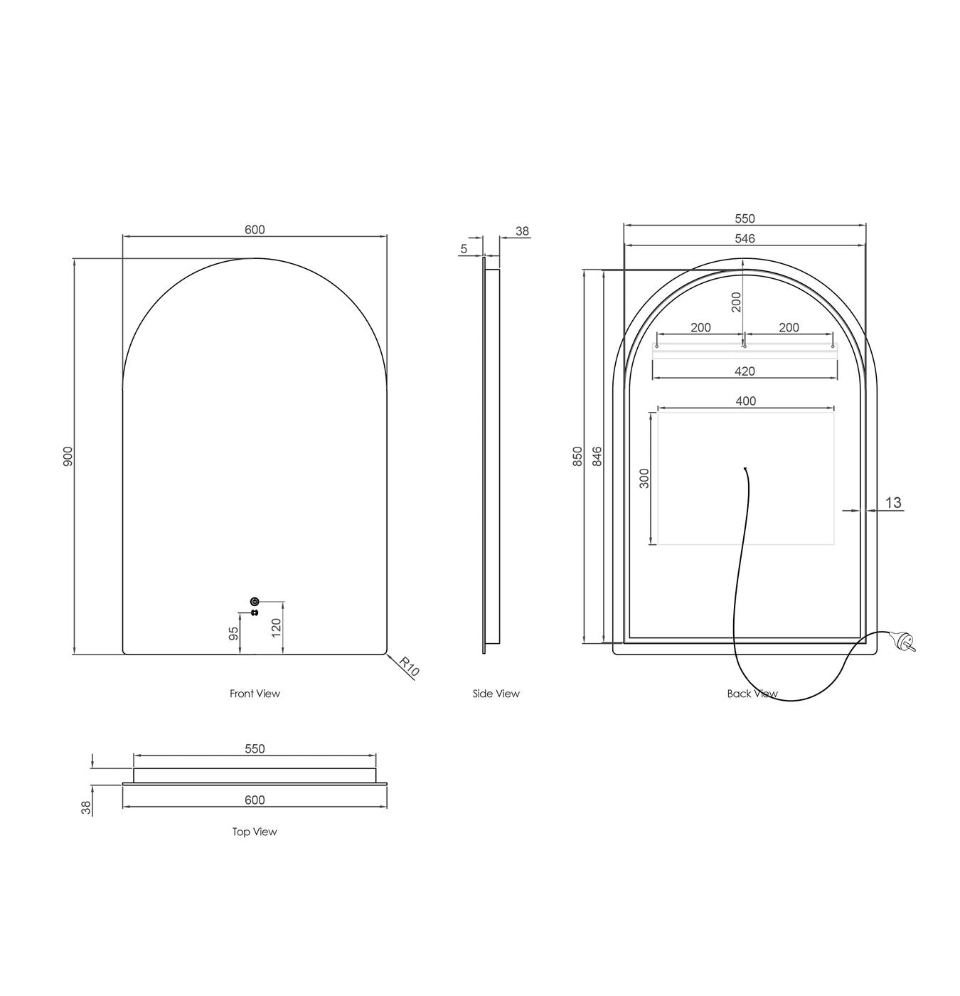 LED Archie 900(H)x600(W) Frameless Tuffi Mirror