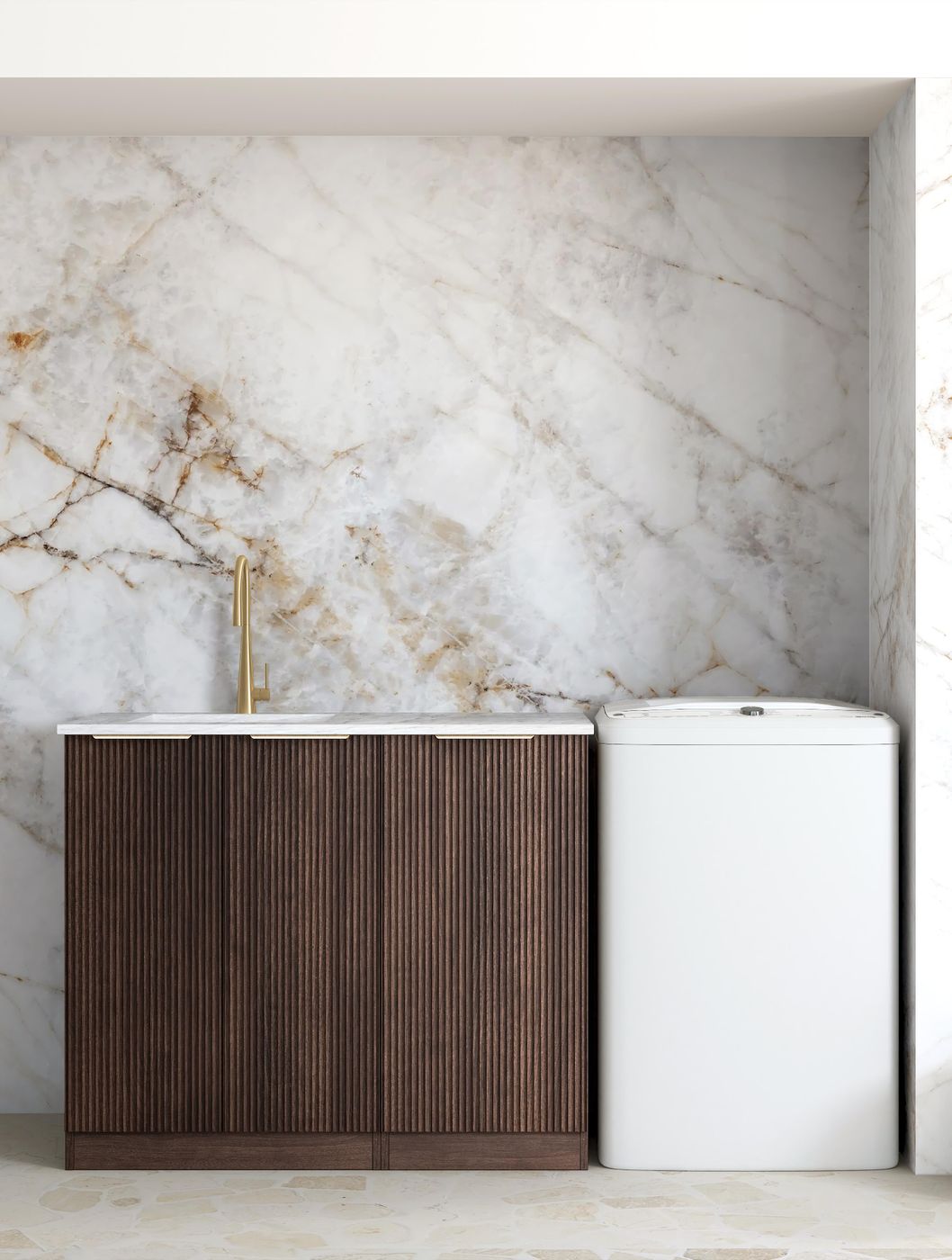 Havana Fluted Sable Walnut Base Laundry Cabinet with Stone Top and Sink 1060x600x900