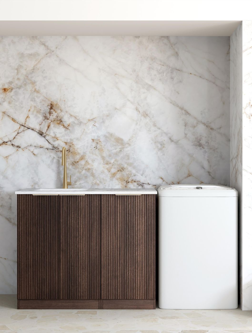 Havana Fluted Sable Walnut Base Laundry Cabinet with Stone Top and Sink 1060x600x900 - close-up detail view