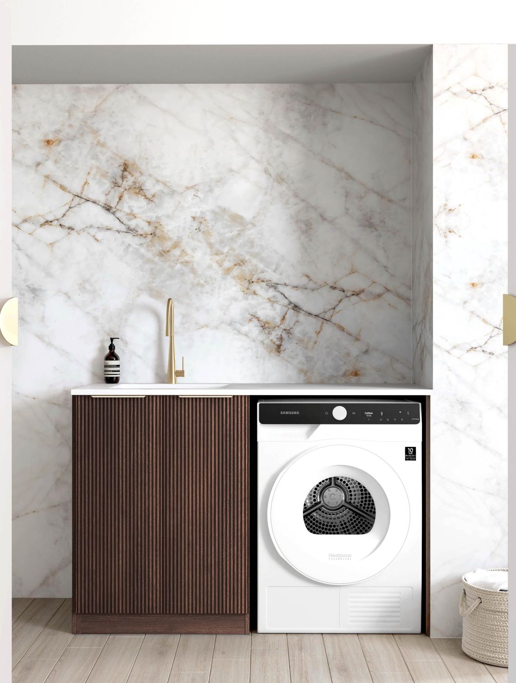 Havana Fluted Sable Walnut Base Laundry Cabinet with Stone Top and Sink 1300x600x900