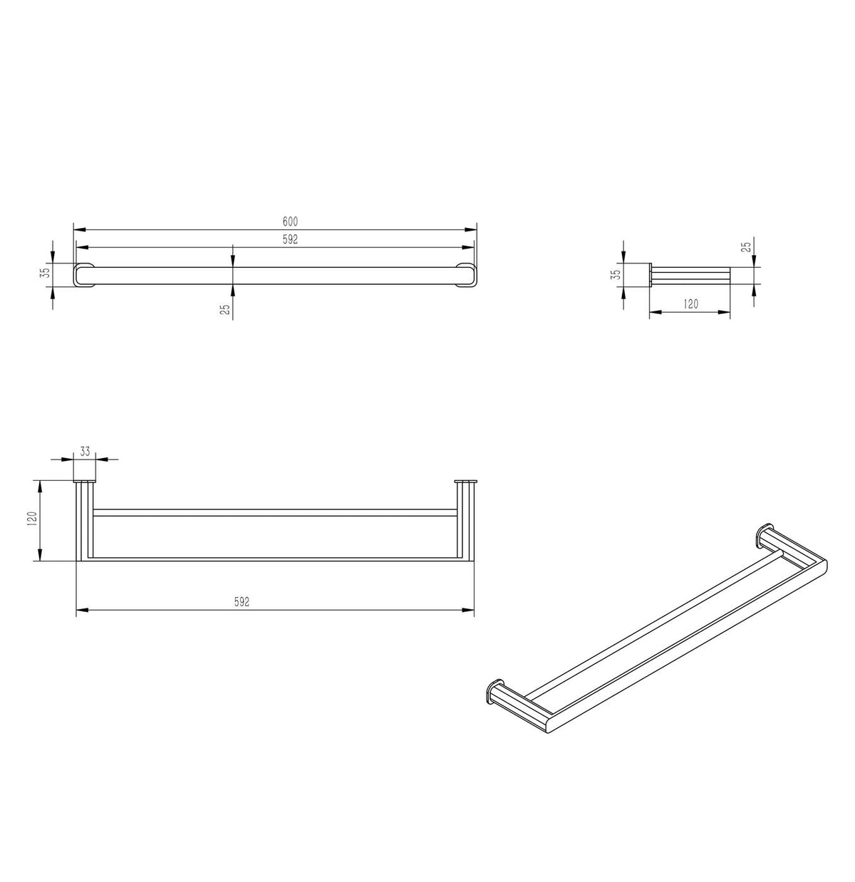 Oskar 600mm Brushed Nickel Double Towel Rail - angled product view