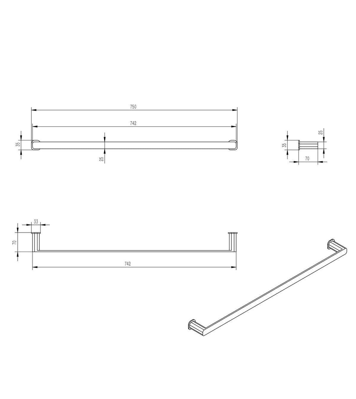 Oskar 750mm Brushed Nickel Single Towel Rail - angled product view