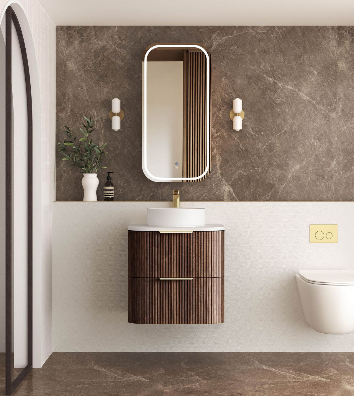 Havana Fluted 600mm Sable Walnut Wall Hung Curve Vanity - front view