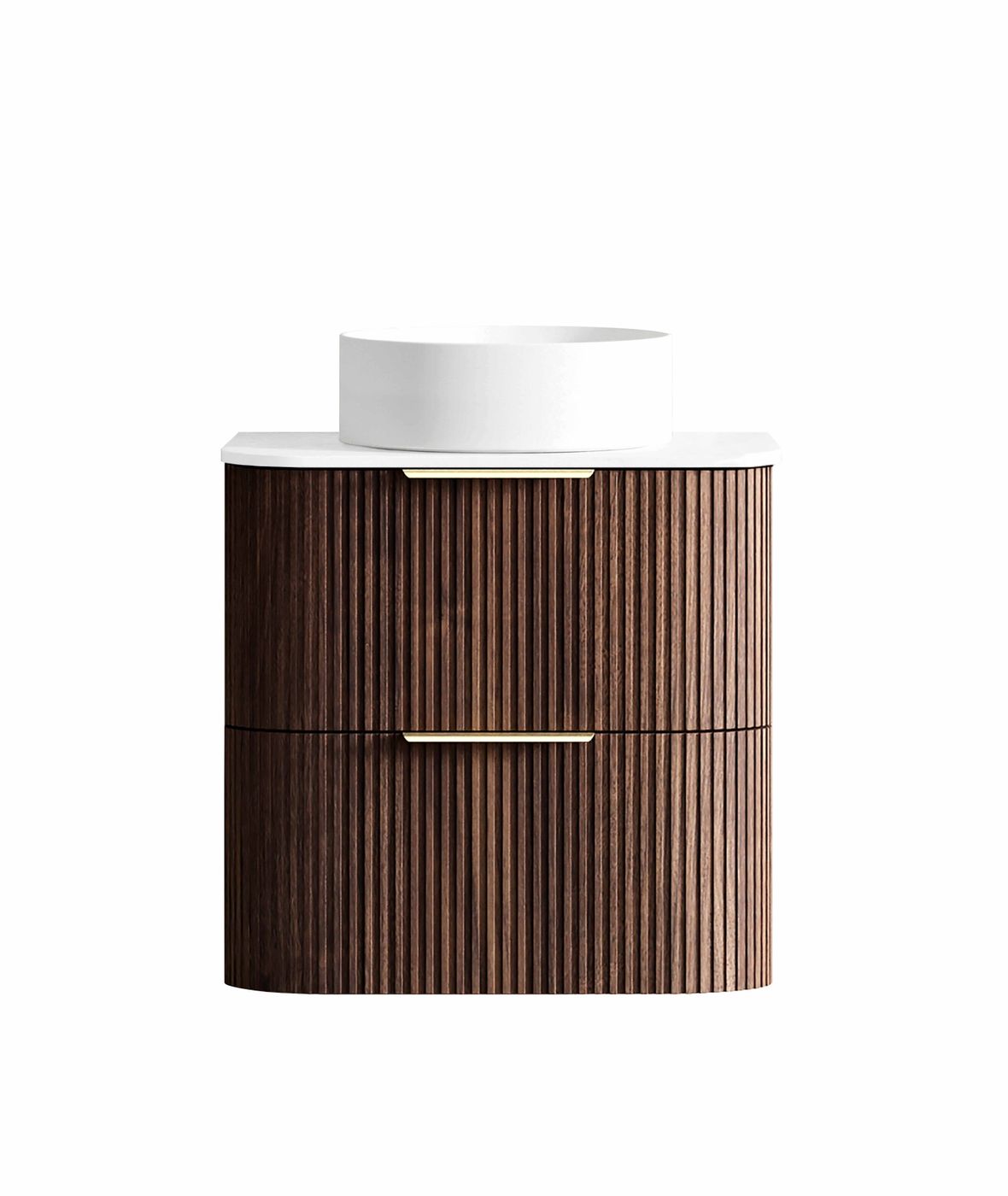 Havana Fluted 600mm Sable Walnut Wall Hung Curve Vanity - angled product view