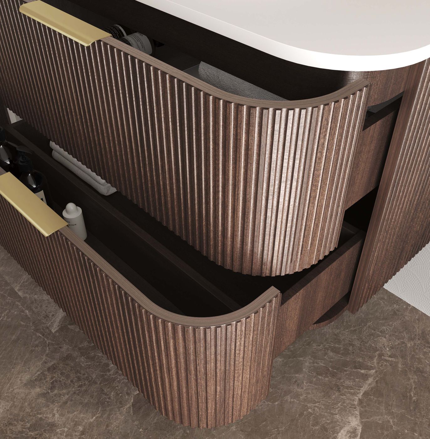 Havana Fluted 900mm Sable Walnut Wall Hung Curve Vanity