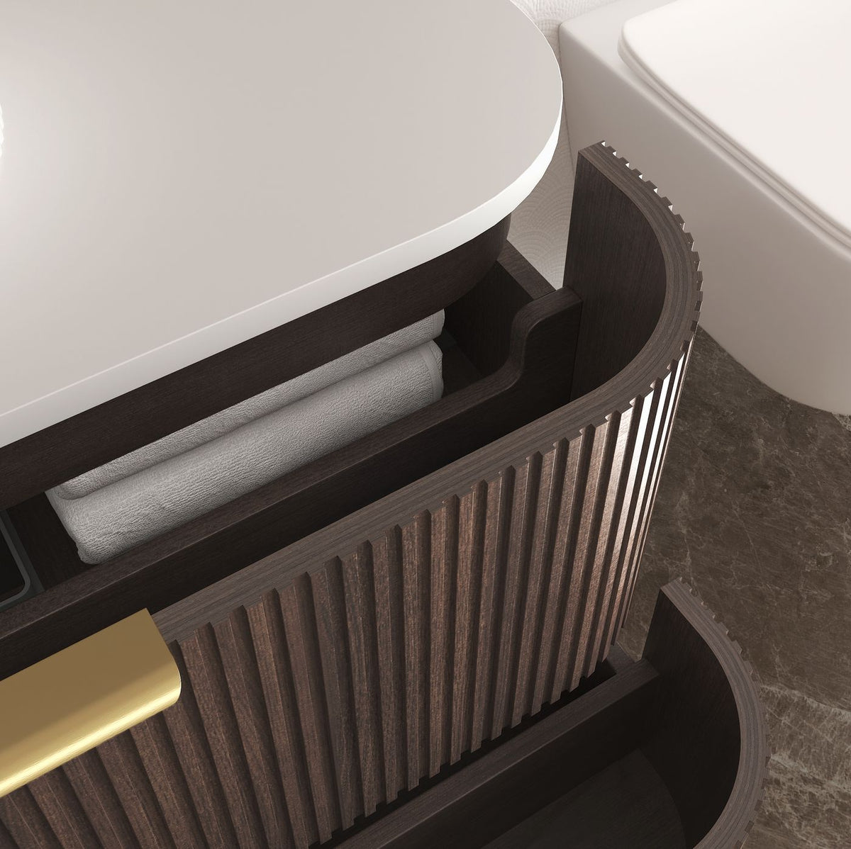 Havana Fluted 900mm Sable Walnut Wall Hung Curve Vanity - alternative product view