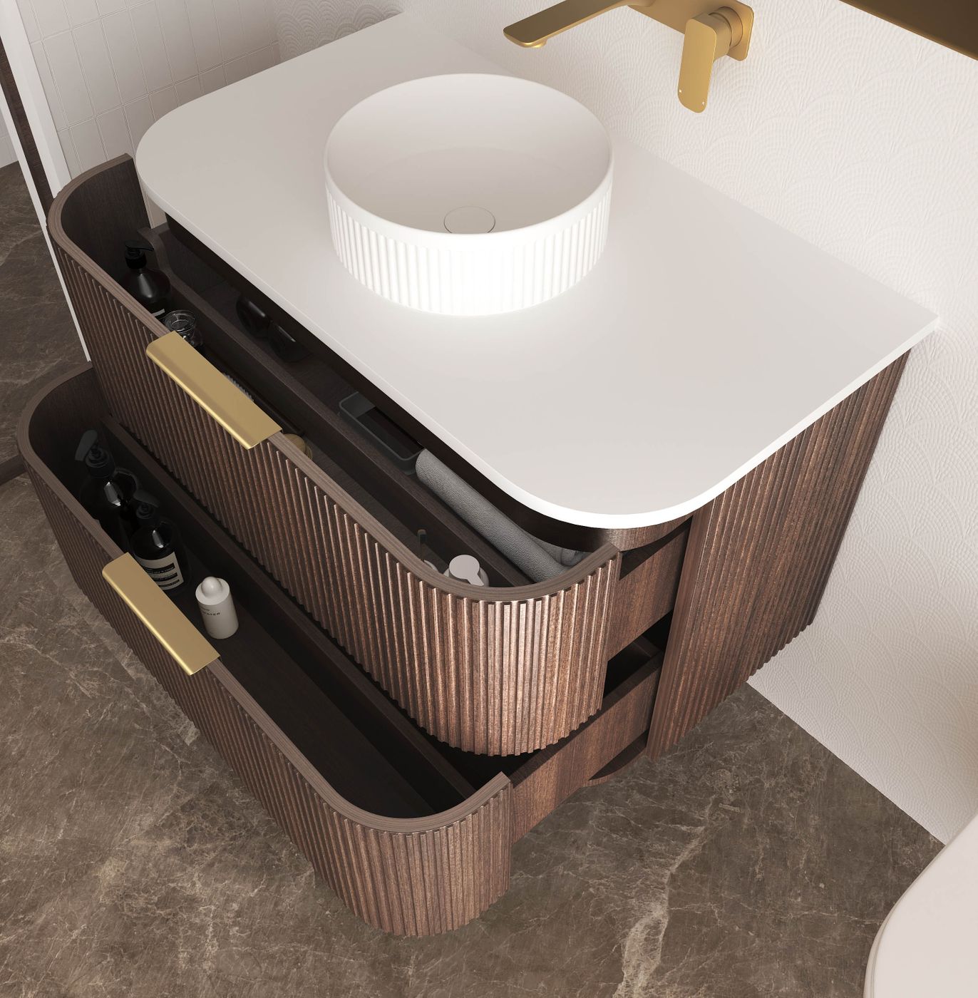 Havana Fluted 900mm Sable Walnut Wall Hung Curve Vanity