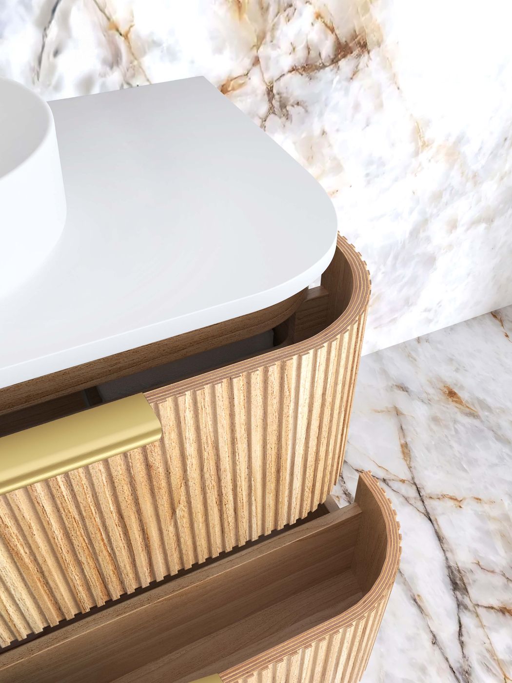 Havana Fluted 900mm Woodland Oak Wall Hung Curve Vanity
