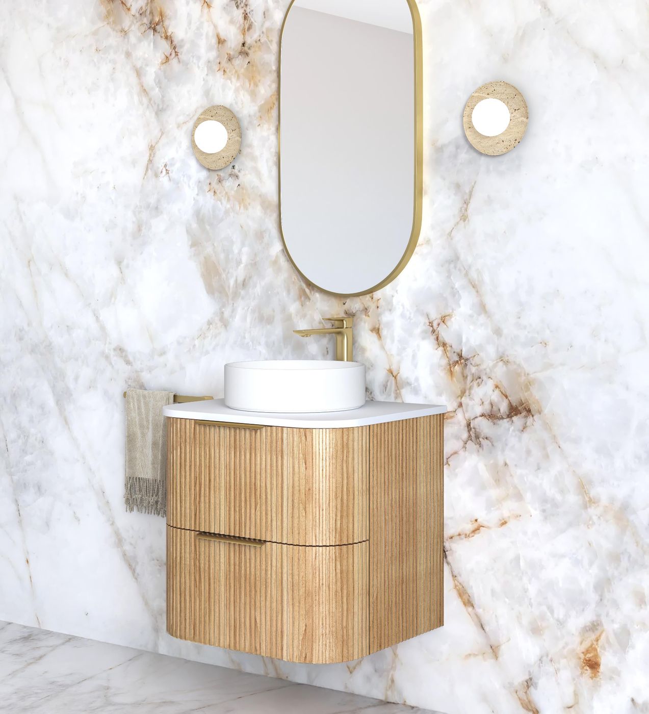 Havana Fluted 600mm Woodland Oak Wall Hung Curve Vanity