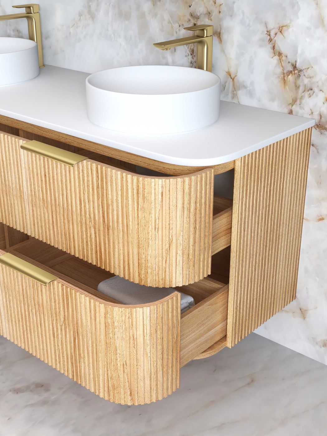 Havana Fluted 1500mm Woodland Oak Wall Hung Curve Vanity