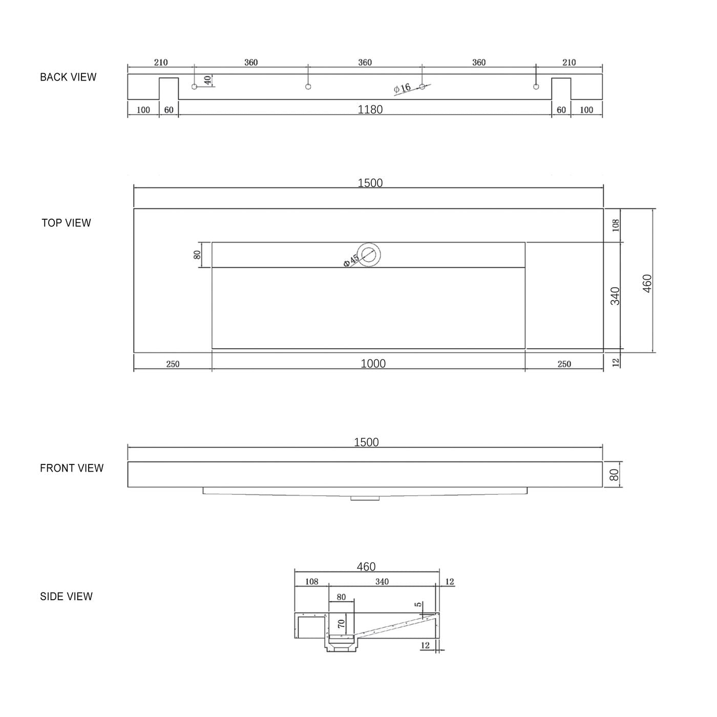 Moonlight 1500mm Solid Surface Top