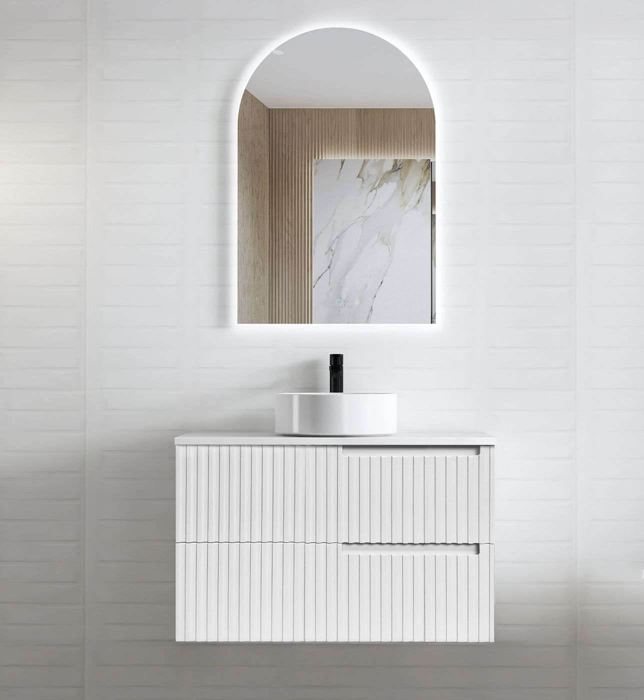 Noosa Fluted 900mm Satin White Wall Hung Vanity