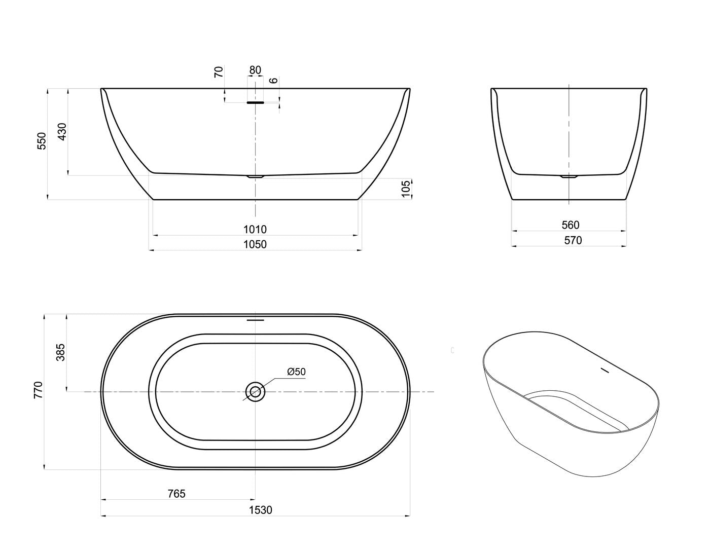 Attica Manolo 1530 Gloss White Bath with Overflow
