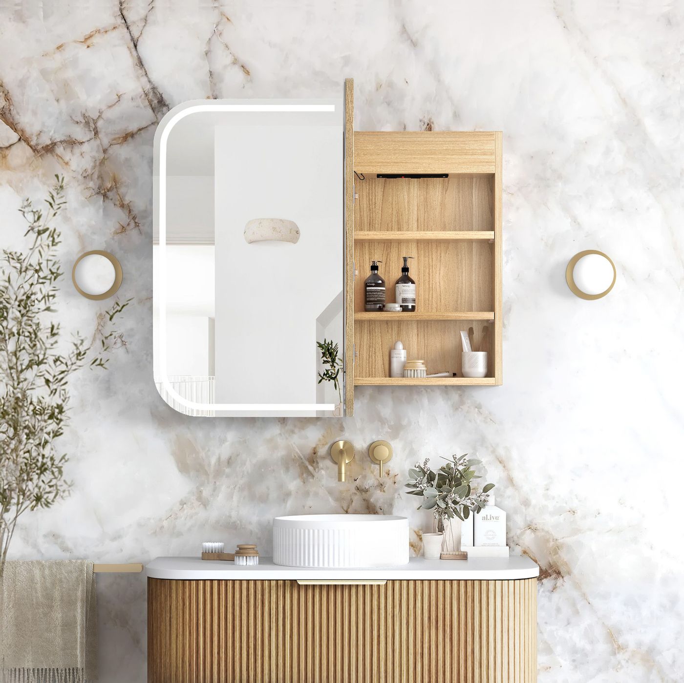 LED Newport 900(W)x750(H) Woodland Oak Shaving Cabinet - Premium Edition