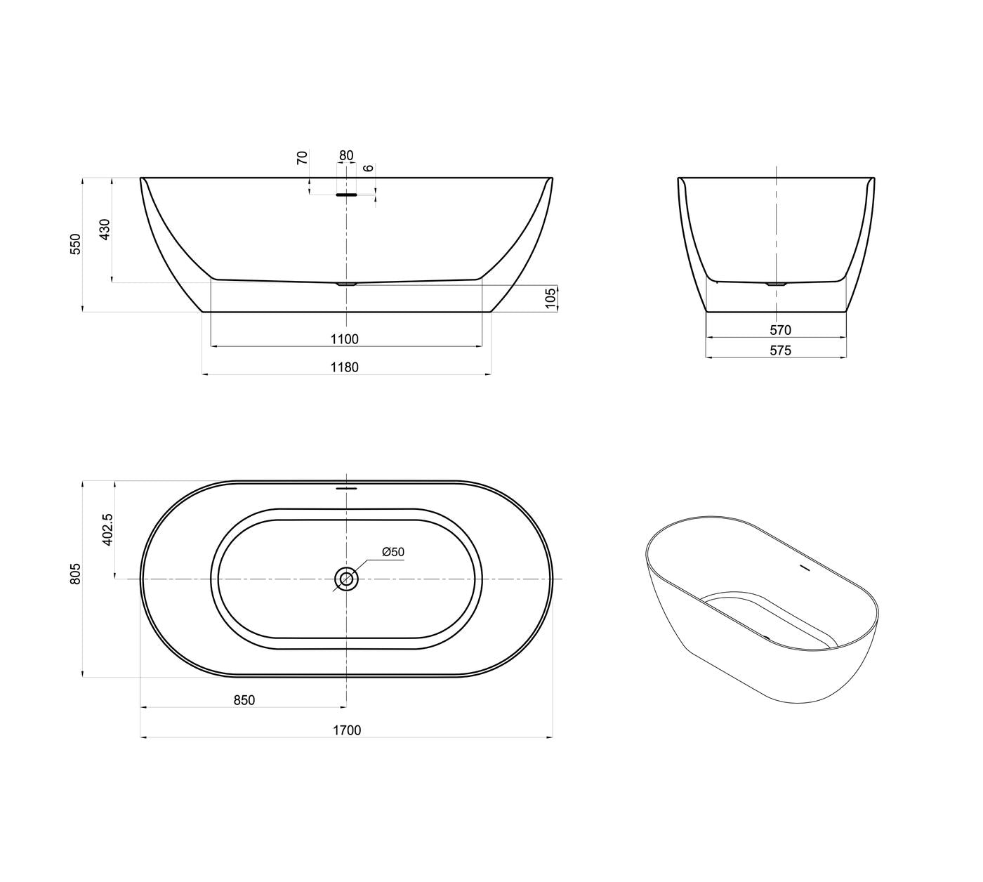 Attica Manolo 1700 Gloss White Bath with Overflow