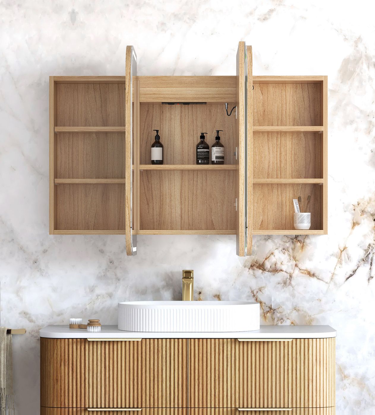 LED Newport 1200(W)x750(H) Woodland Oak Shaving Cabinet - Premium Edition