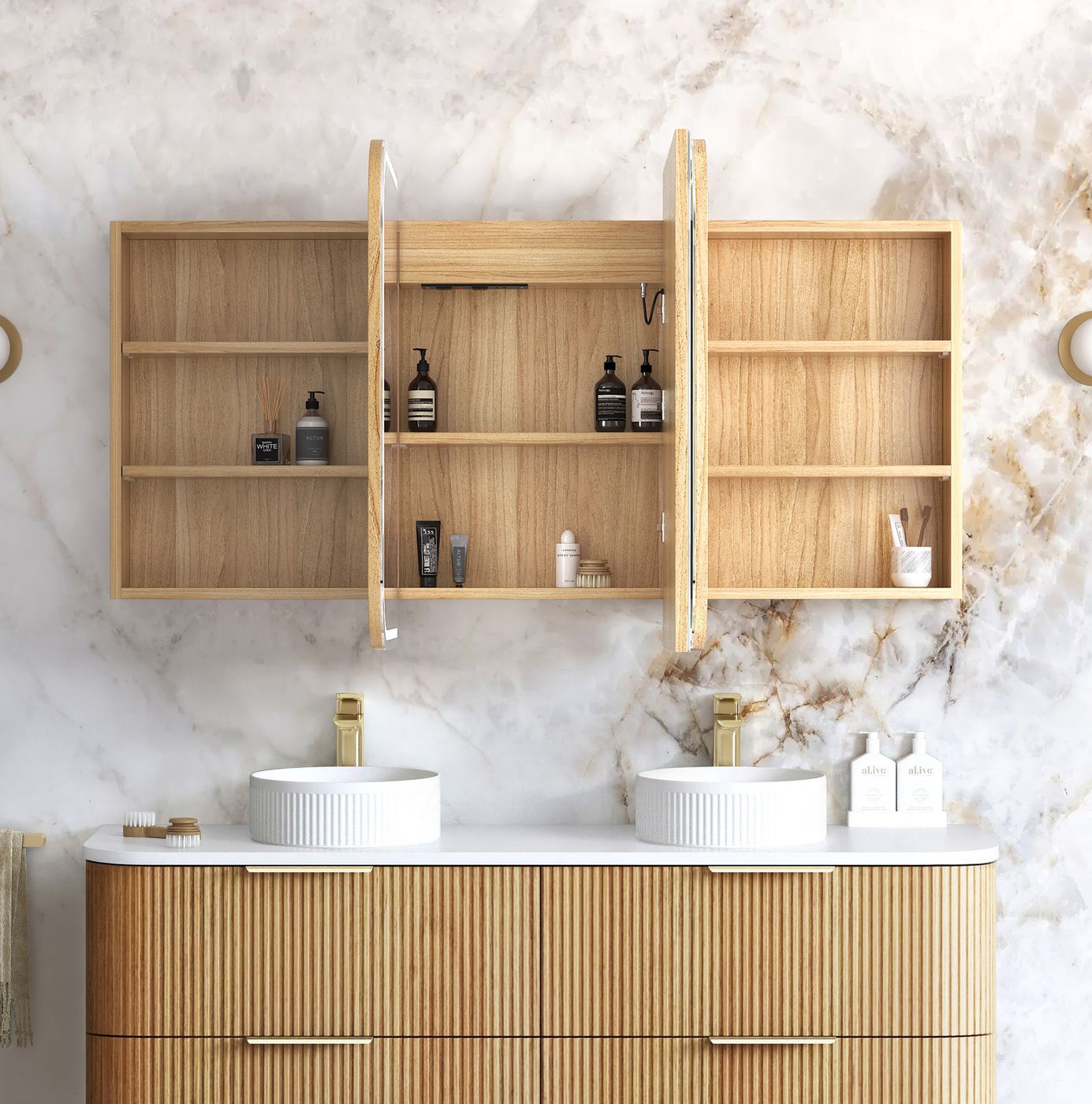 LED Newport 1500(W)x750(H) Woodland Oak Shaving Cabinet - Premium Edition