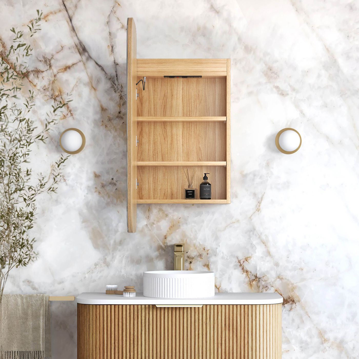 LED Newport 900(H)x450(W) Woodland Oak Shaving Cabinet - Premium Edition