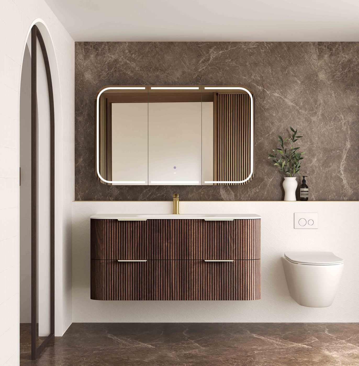 Havana Fluted 1200mm Sable Walnut Wall Hung Curve Vanity