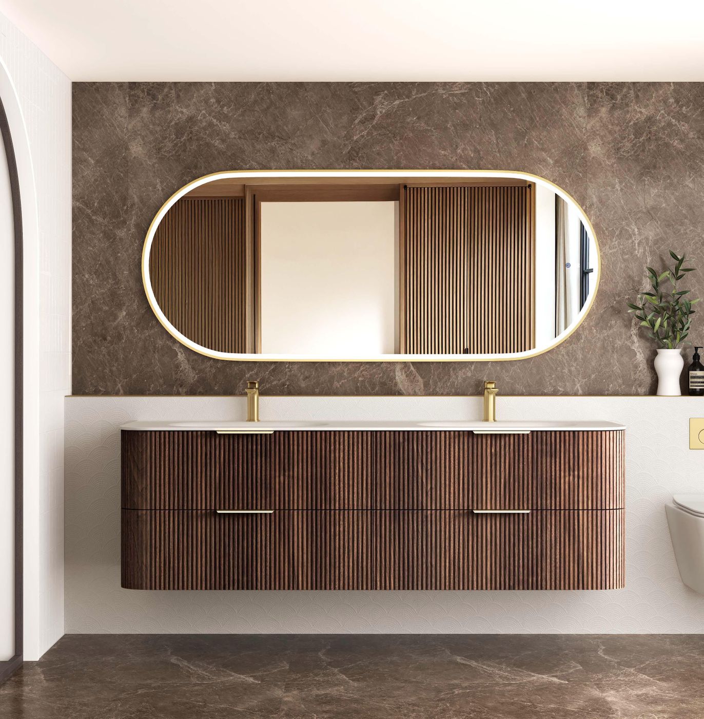 Havana Fluted 1800mm Sable Walnut Wall Hung Curve Vanity