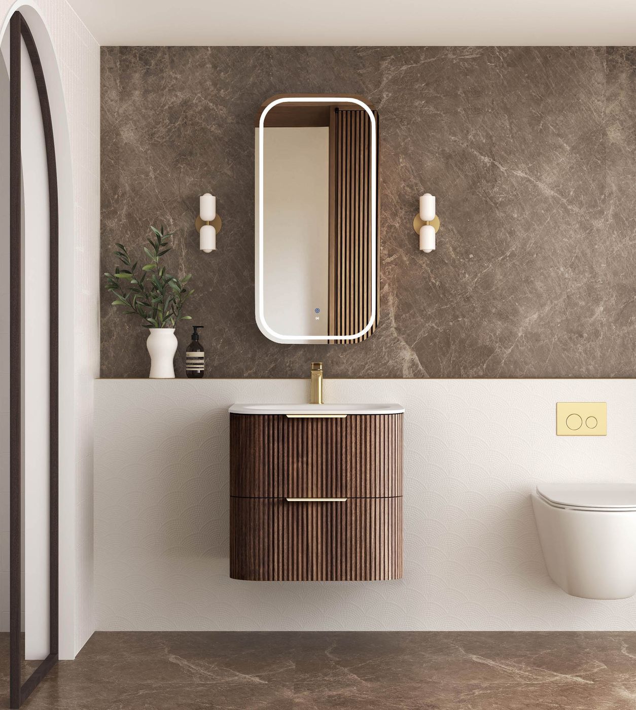 Havana Fluted 600mm Sable Walnut Wall Hung Curve Vanity