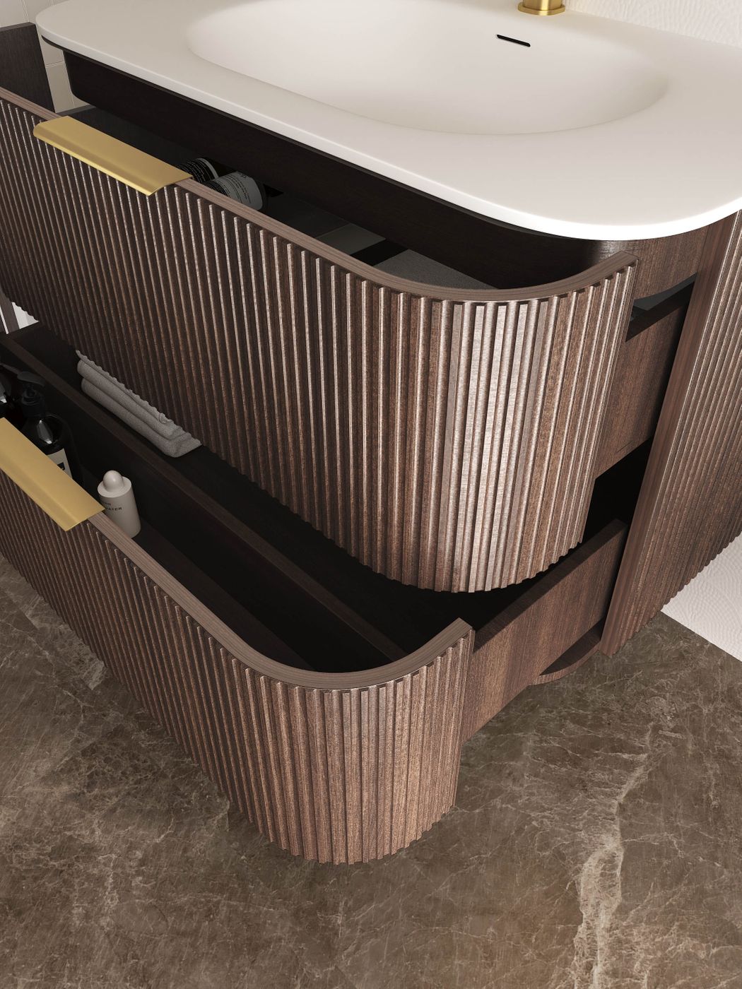 Havana Fluted 750mm Sable Walnut Wall Hung Curve Vanity