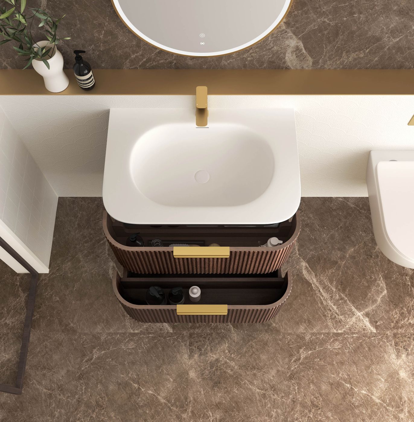 Havana Fluted 750mm Sable Walnut Wall Hung Curve Vanity