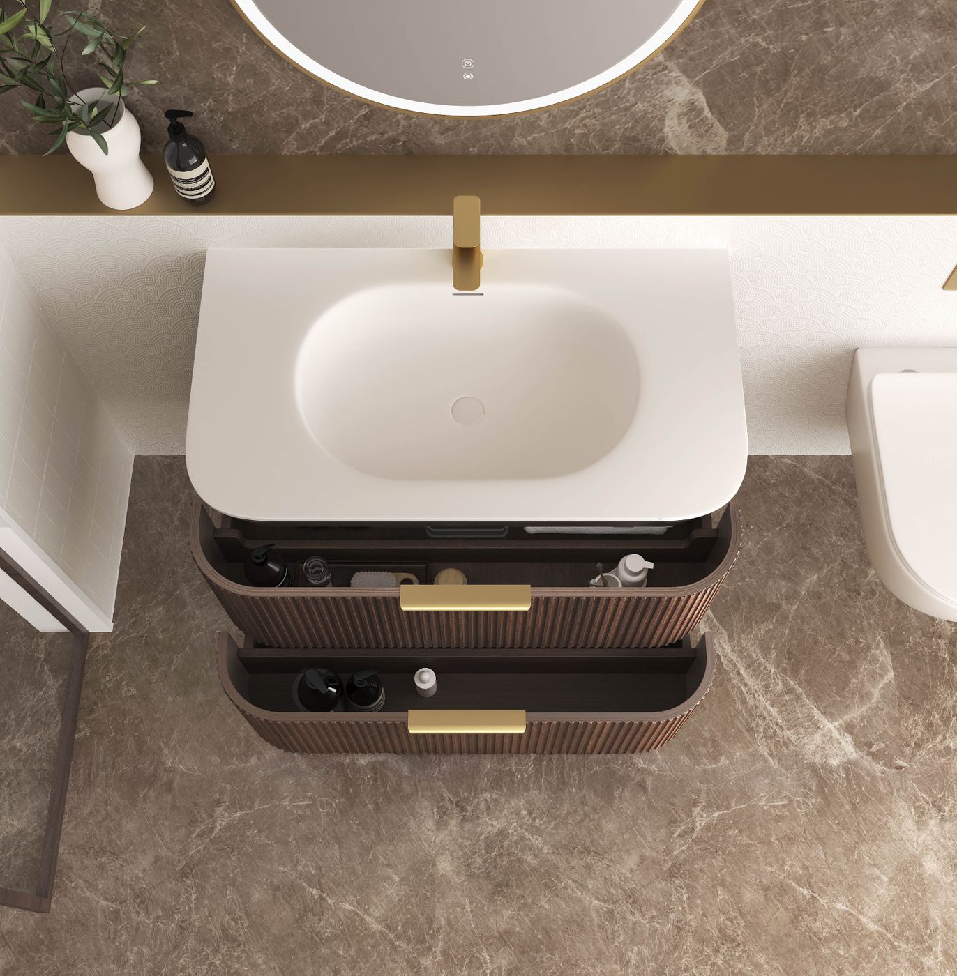 Havana Fluted 900mm Sable Walnut Wall Hung Curve Vanity