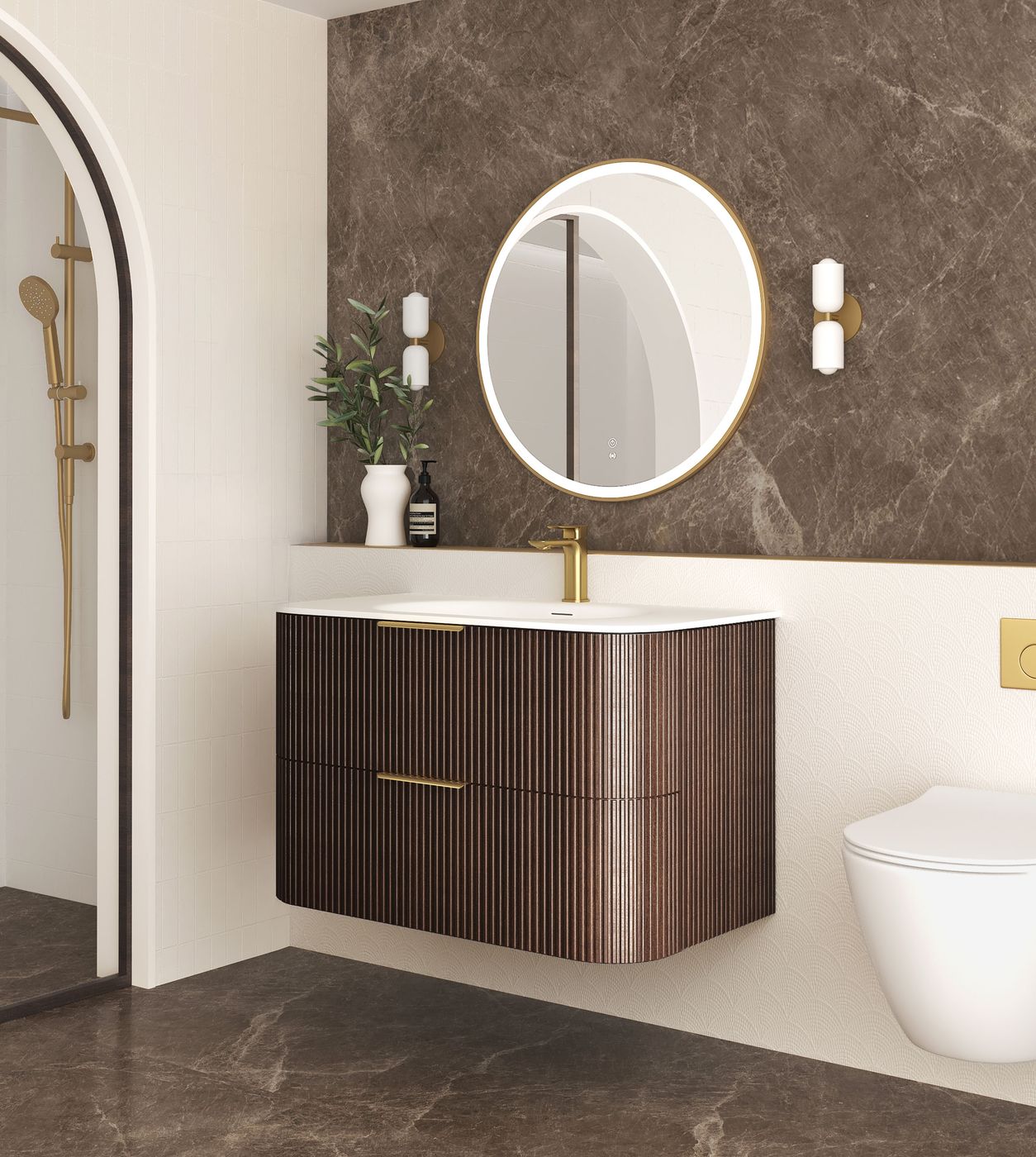 Havana Fluted 900mm Sable Walnut Wall Hung Curve Vanity