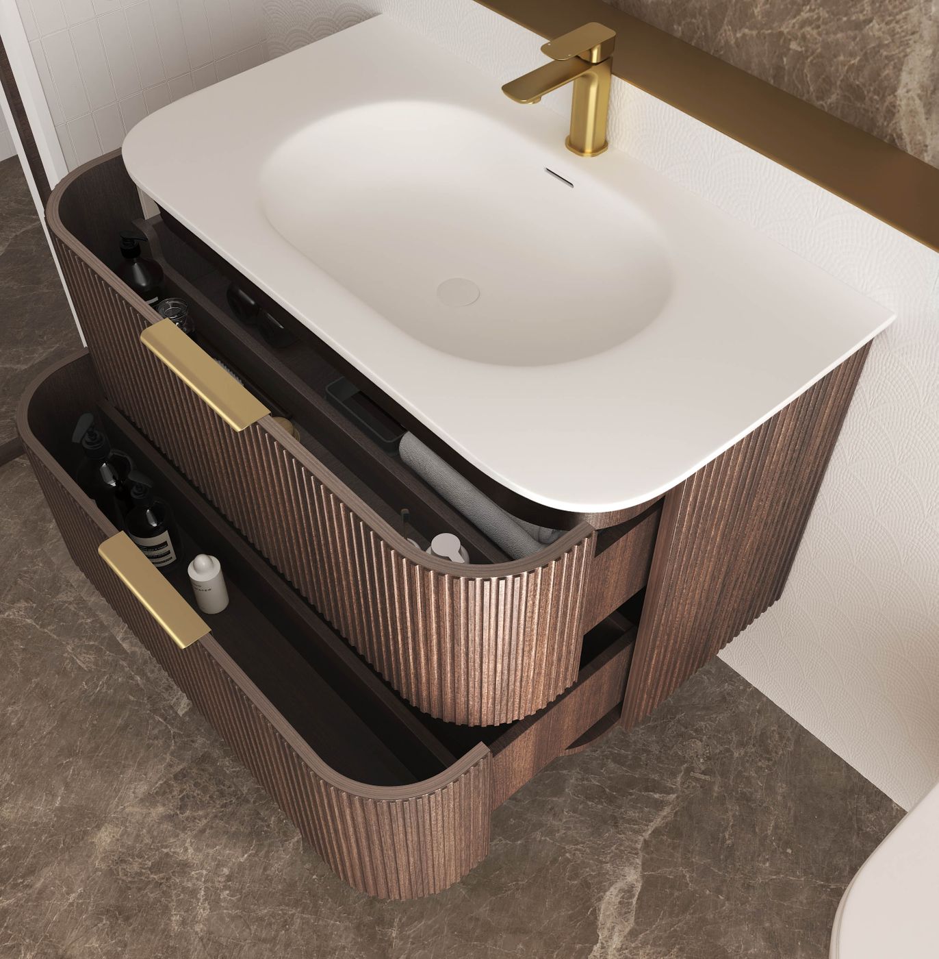 Havana Fluted 900mm Sable Walnut Wall Hung Curve Vanity