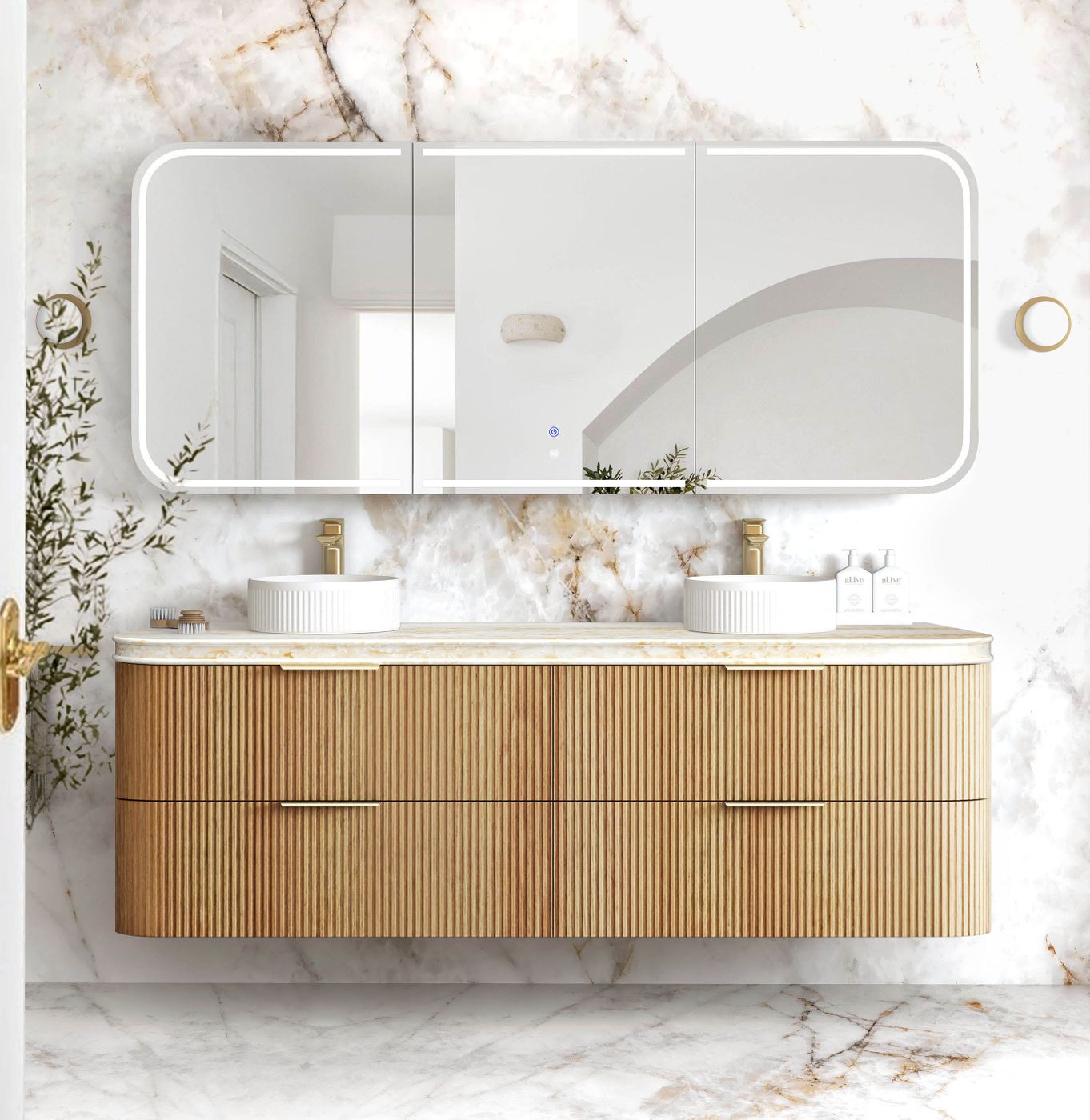 Havana Fluted 1800mm Woodland Oak Wall Hung Curve Vanity