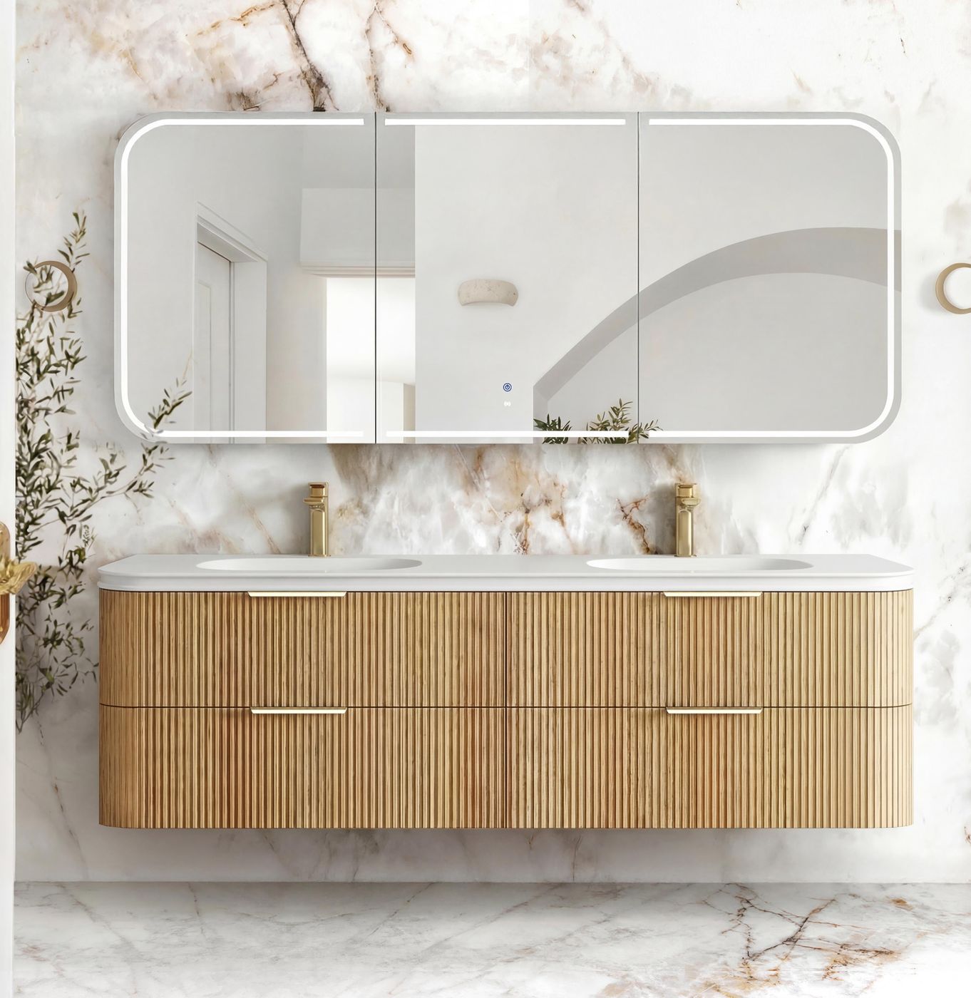 Havana Fluted 1800mm Woodland Oak Wall Hung Curve Vanity