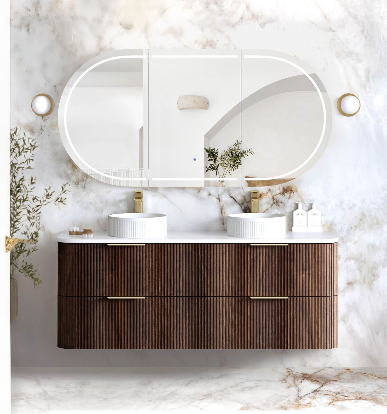 Havana Fluted 1500mm Sable Walnut Wall Hung Curve Vanity