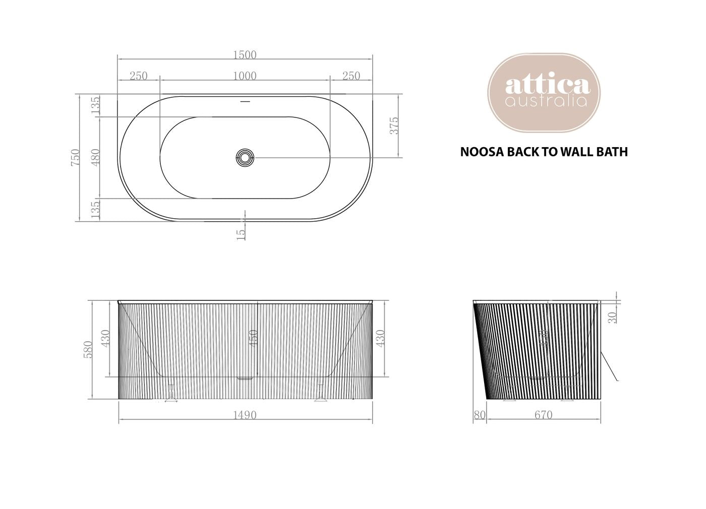 Attica Noosa Fluted 1500 Matte White BTW Multi-fit Bath with Overflow