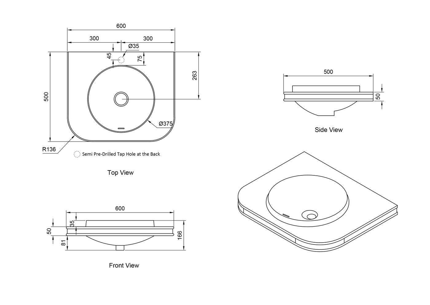 Havana English Edge 600x500x50 Matte White with Round Basin Top