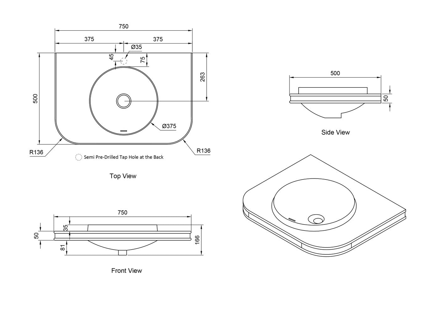 Havana English Edge 750x500x50 Matte White with Round Basin Top