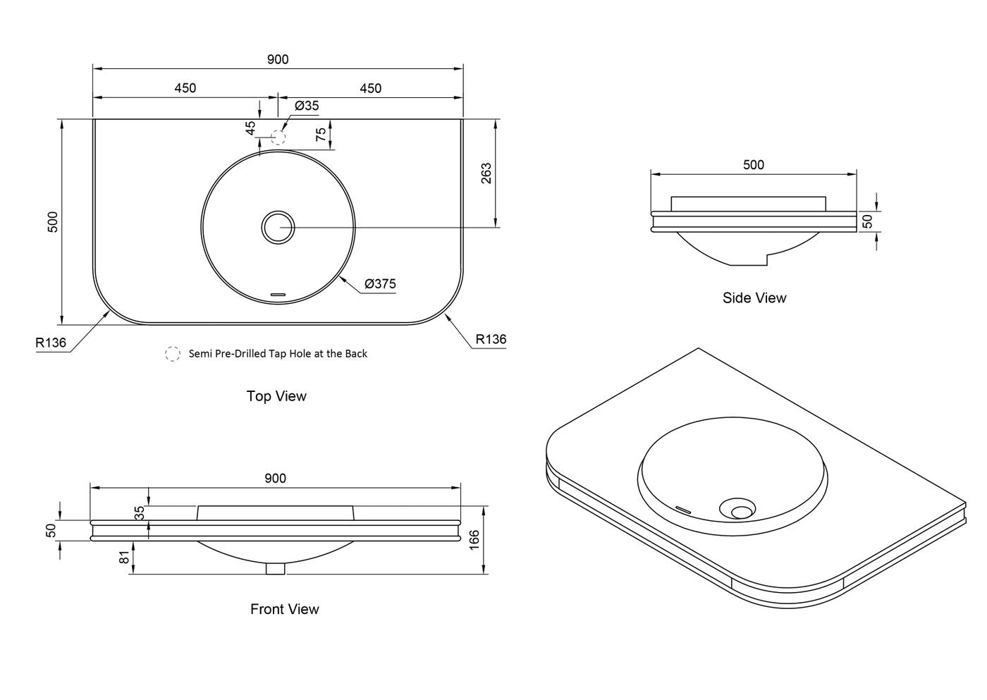 Havana English Edge 900x500x50 Matte White with Round Basin Top