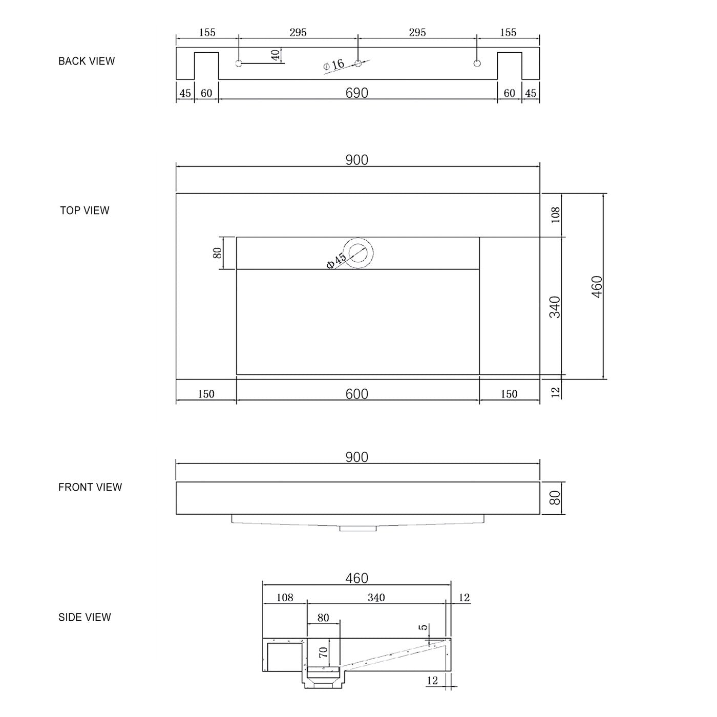 Moonlight 900mm Solid Surface Top