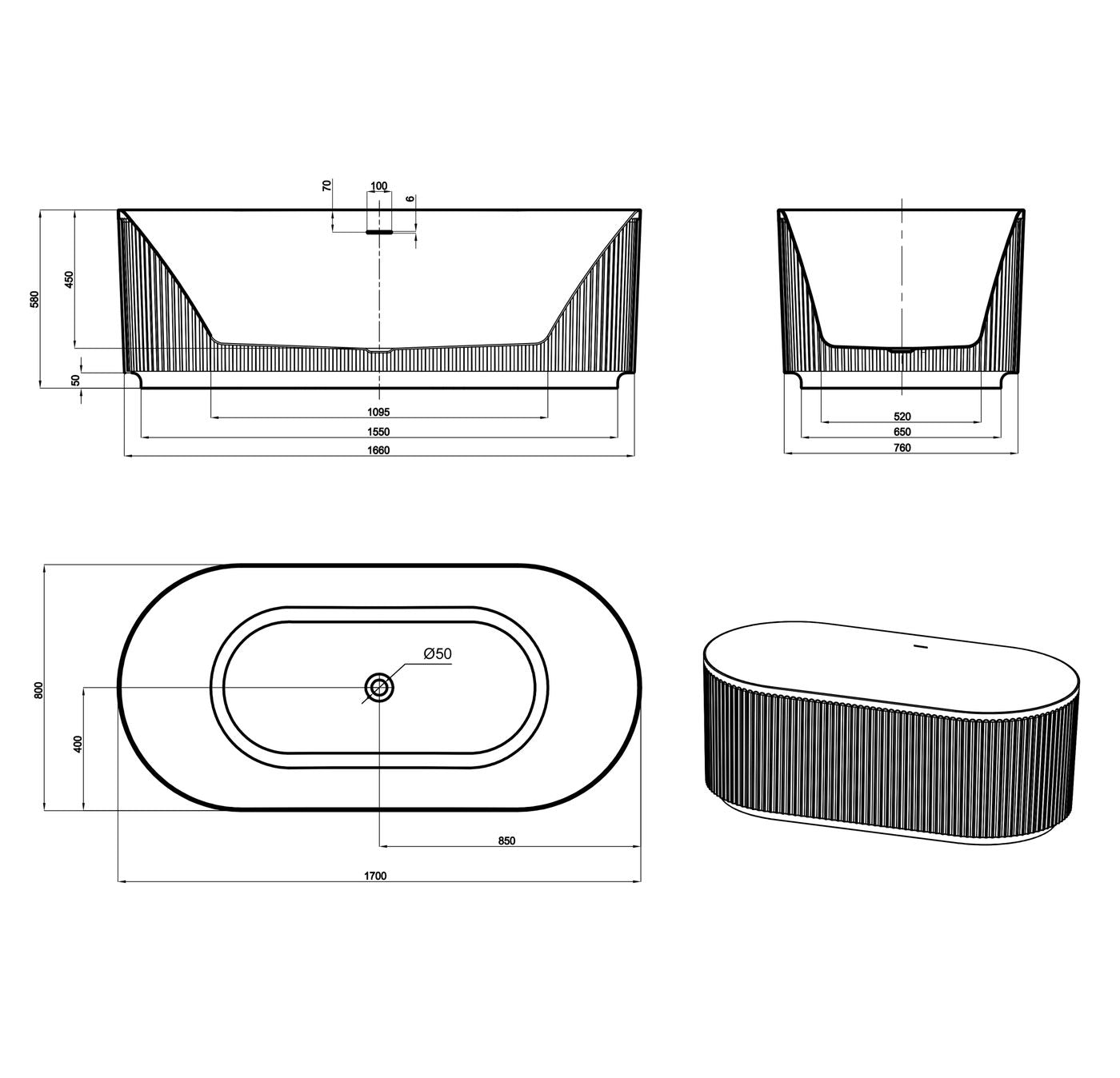 Attica Havana 1700 Matte White Fluted Bath with Overflow