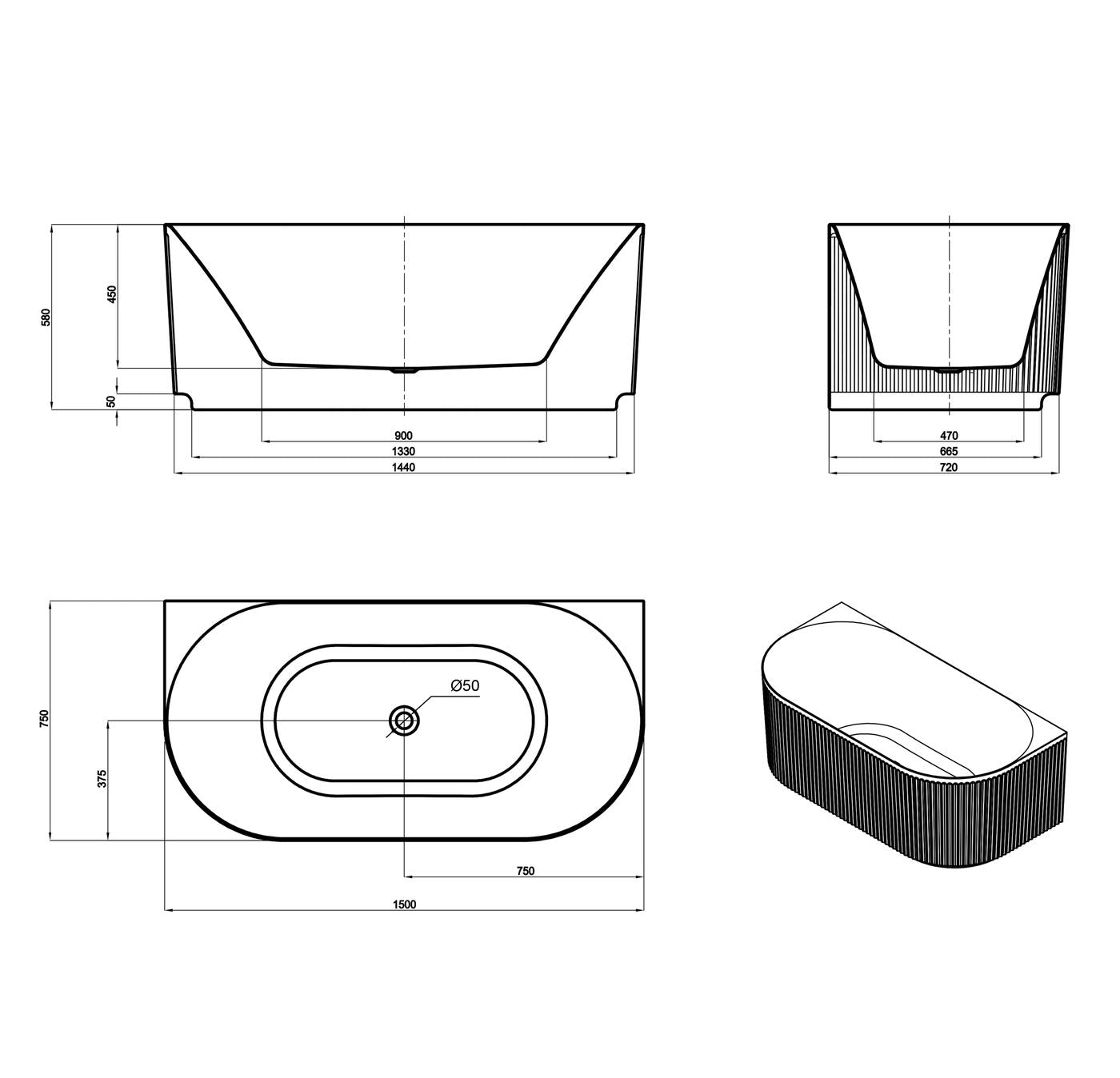 Attica Havana 1500 Gloss White BTW Multi-fit Fluted Bath with Overflow