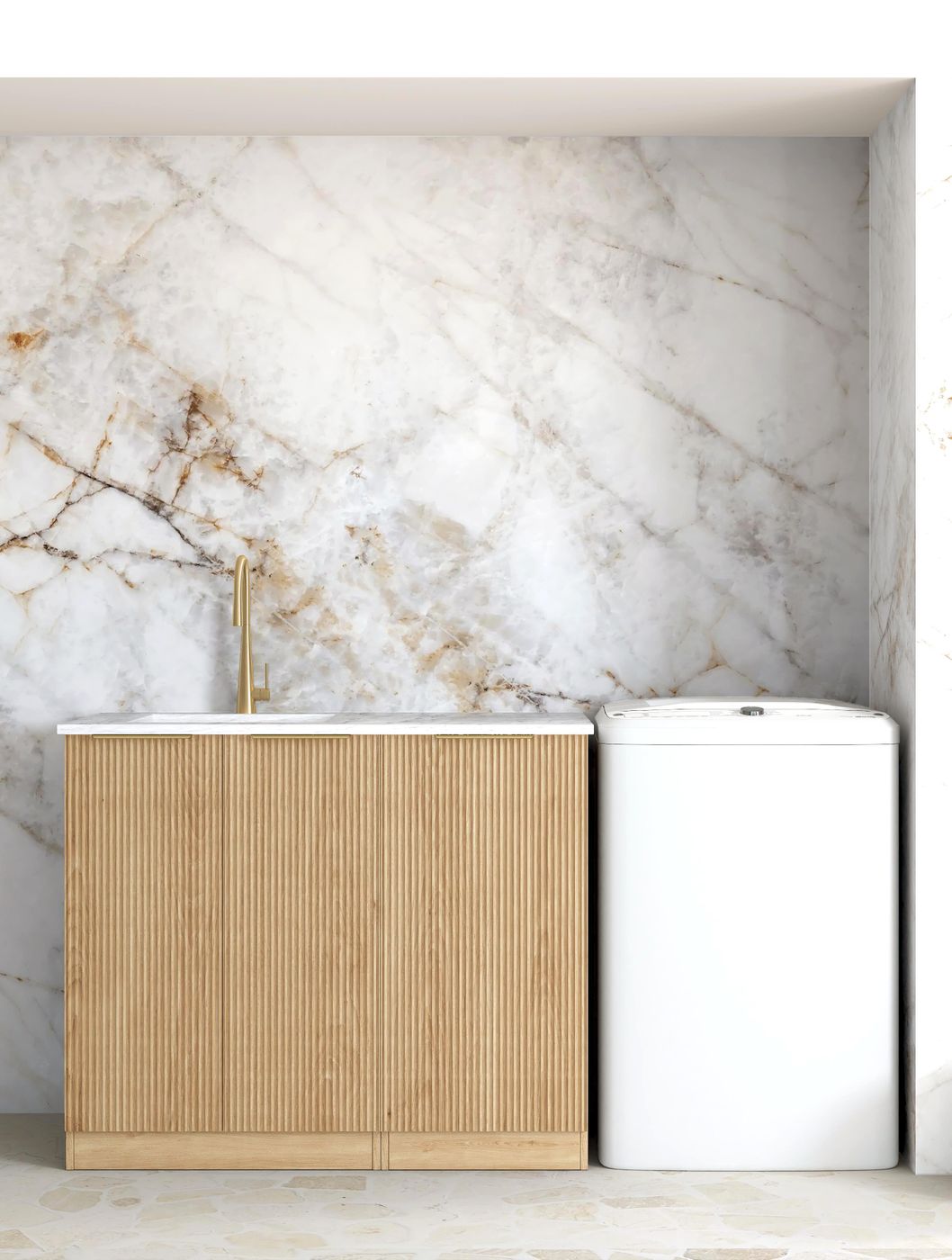 Havana Fluted Woodland Oak Base Laundry Cabinet with Stone Top and Sink 1060x600x900