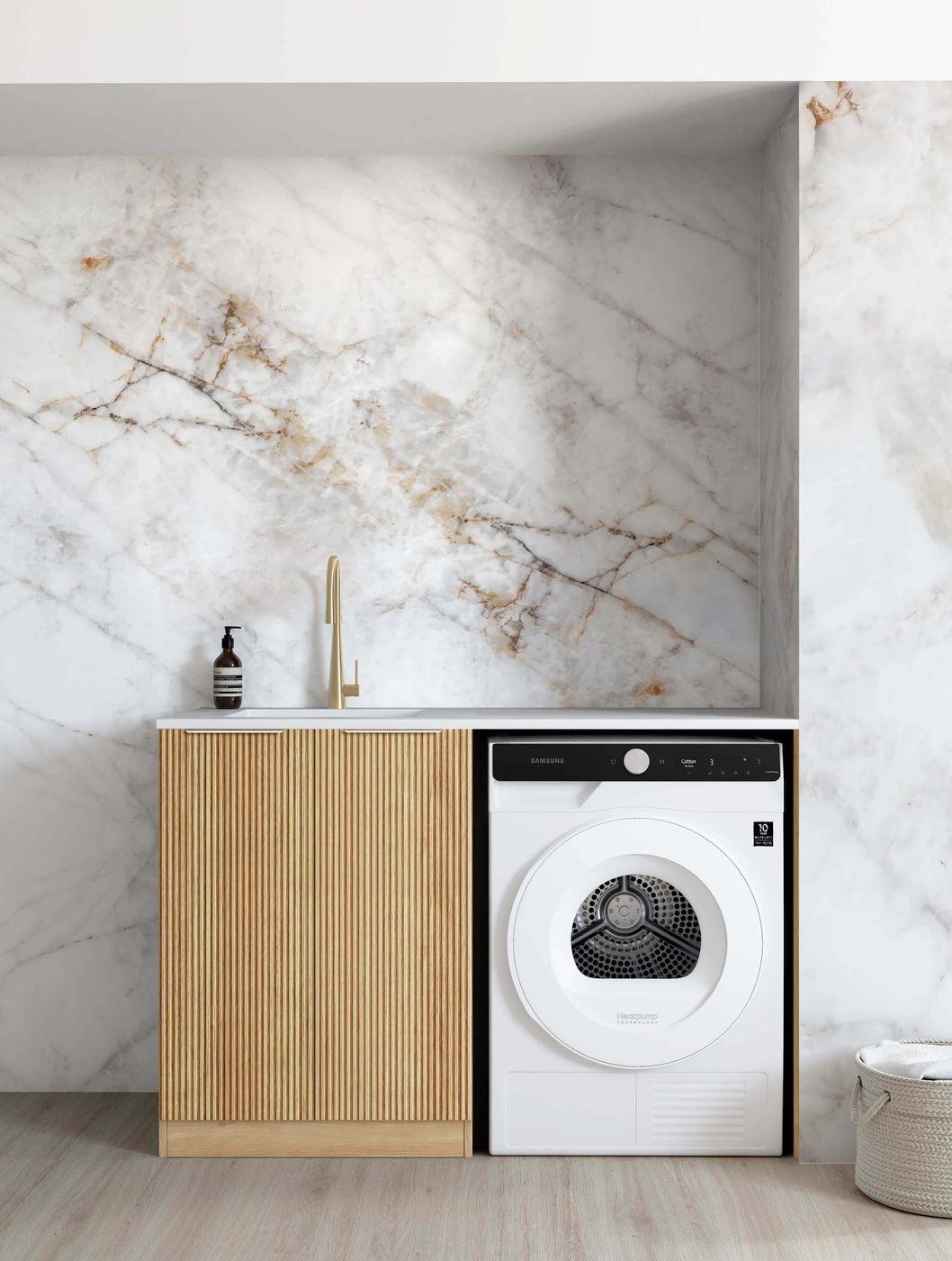 Havana Fluted Woodland Oak Base Laundry Cabinet with Stone Top and Sink 1300x600x900