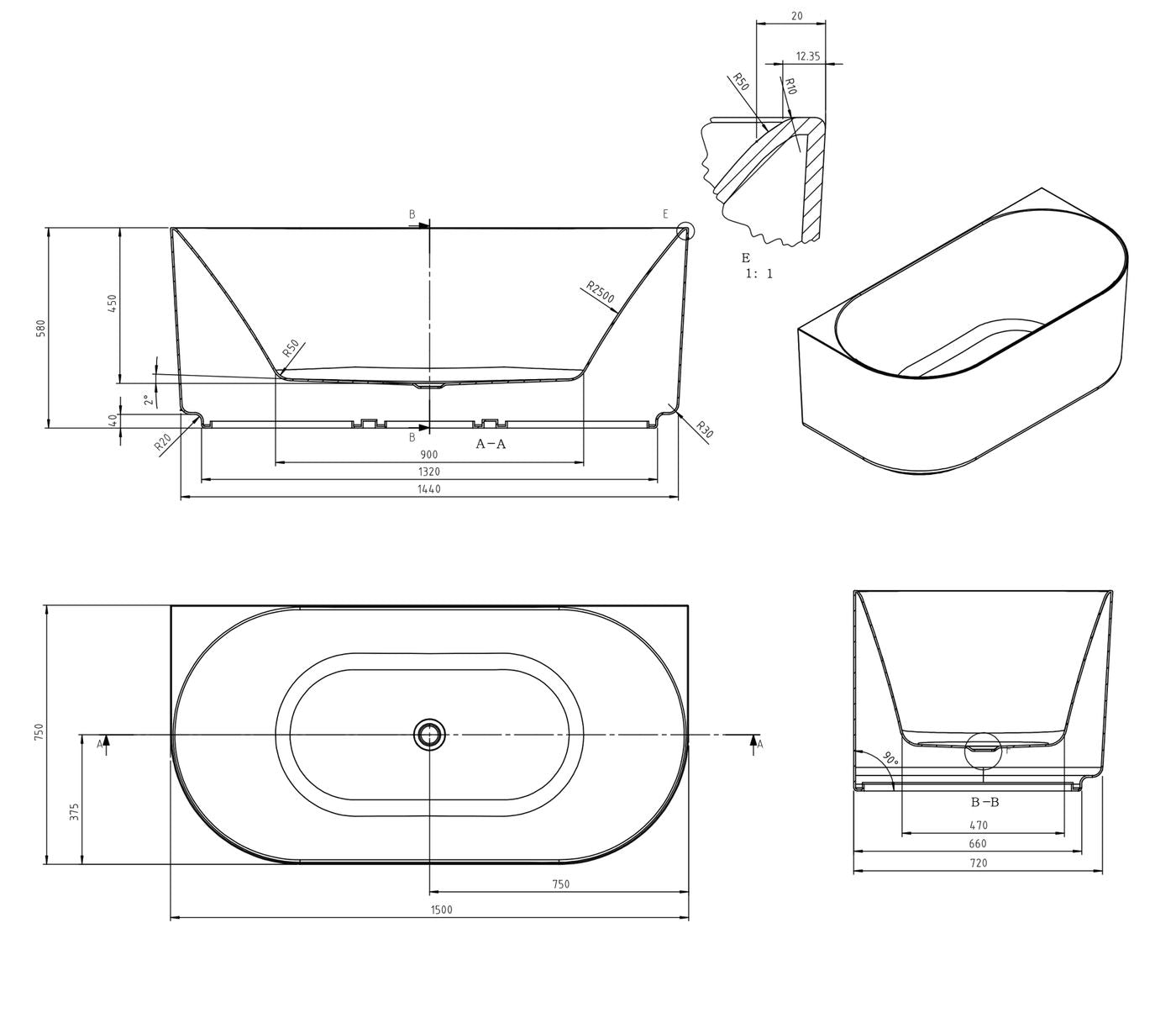 Attica Celine 1500 Matte White BTW Multi-fit Bath with Overflow
