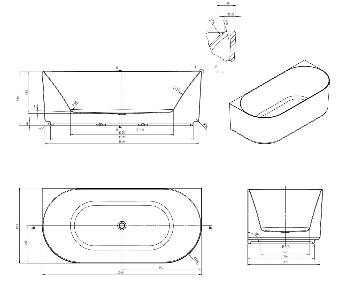 Attica Celine 1700 Gloss White BTW Multi-fit Bath with Overflow