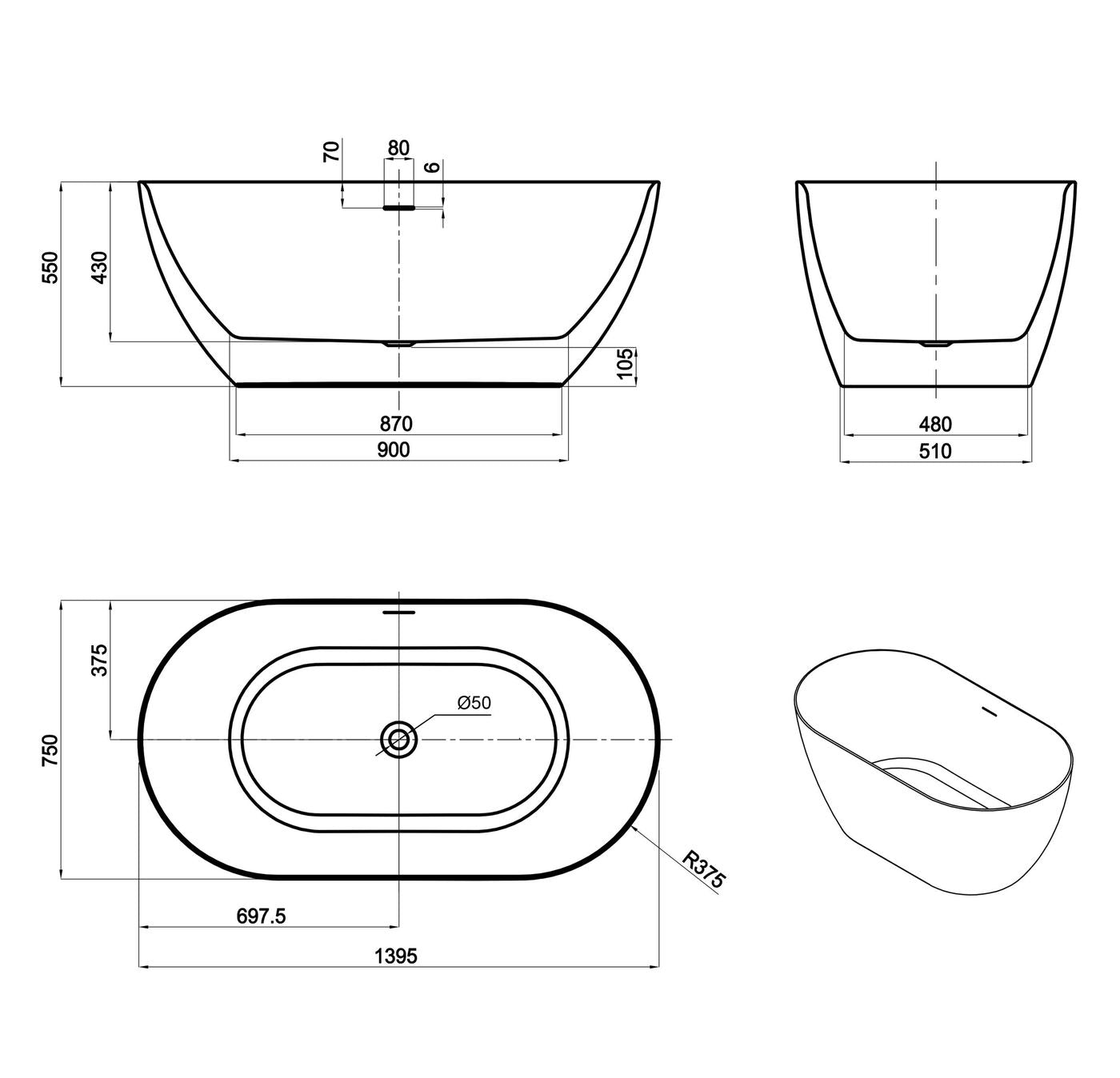 Attica Manolo 1400 Gloss White Bath with Overflow