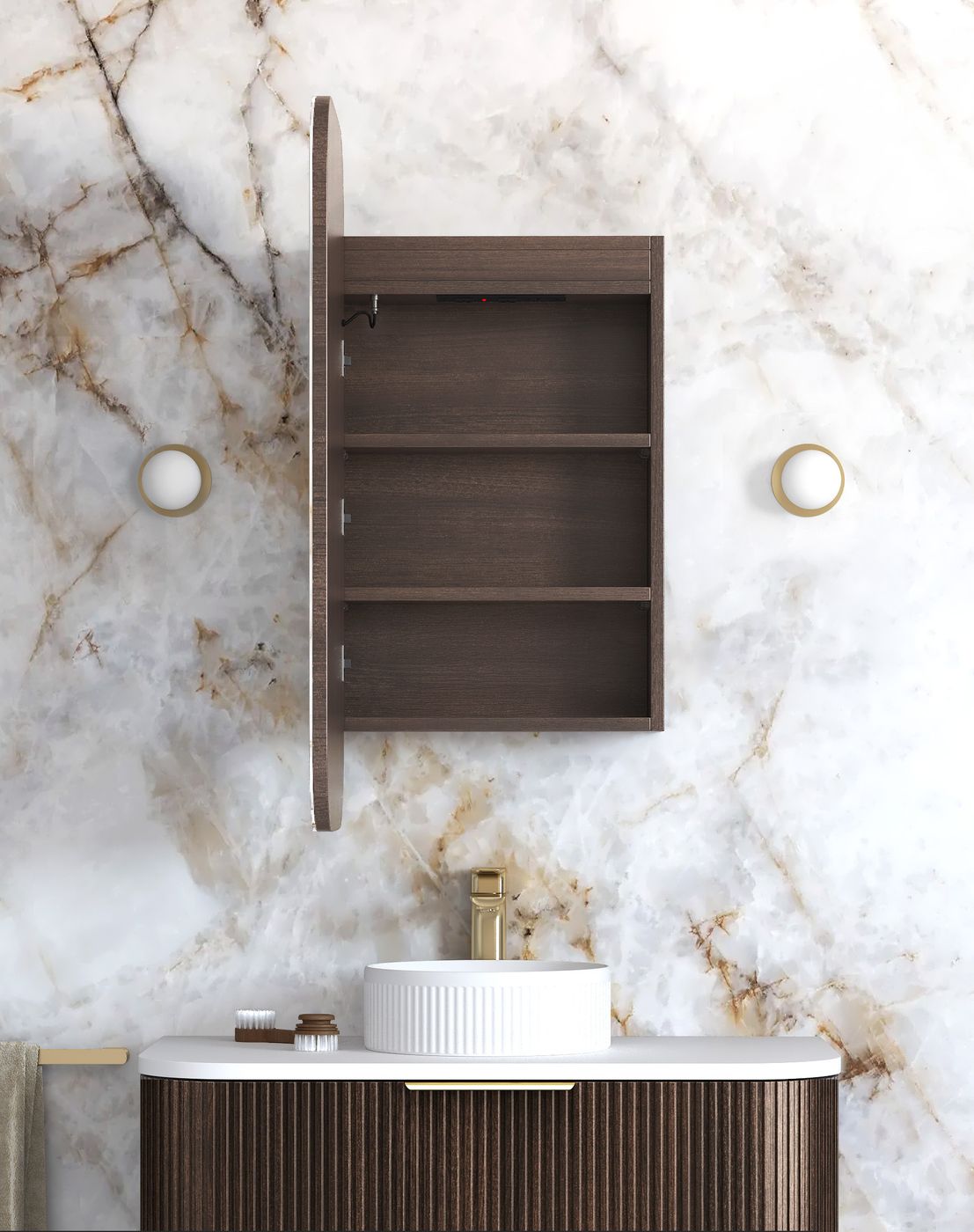 LED Newport 900x450 Sable Walnut Shaving Cabinet - Premium Edition